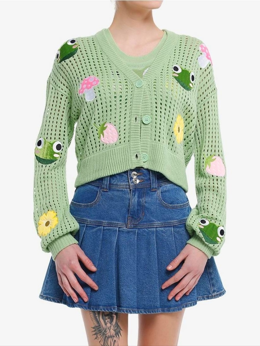 Thorn & Fable Frog Mushroom Flower Girls Crop Cardigan sweater green size medium